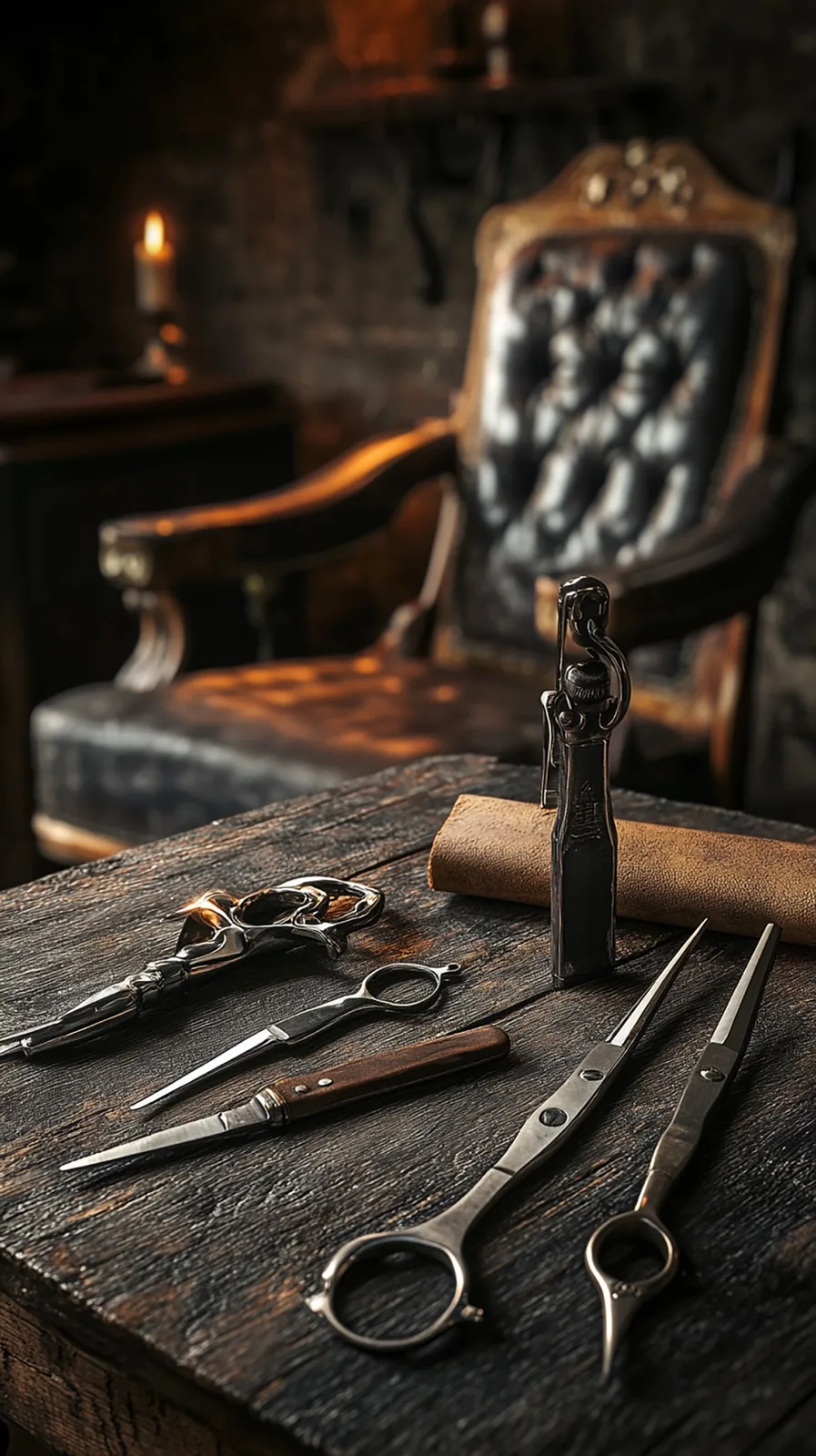 Tijeras de barbería profesional sobre madera